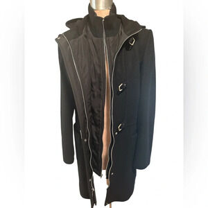 Perry Ellis Portfolio Wool Toggle Hooded Trench Coat Size 10 Elegant & Warm